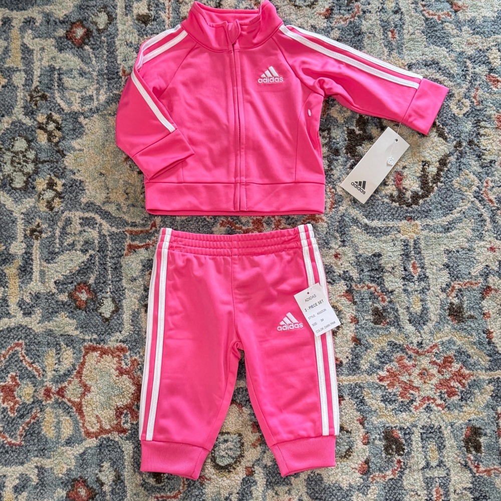 Adidas Tracksuit 2 Piece Set Girls 3M Dark Pink Sporty NWT
